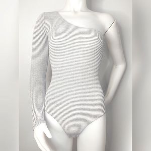 Women's Silver And White Stripe One Sleeve Body Suit